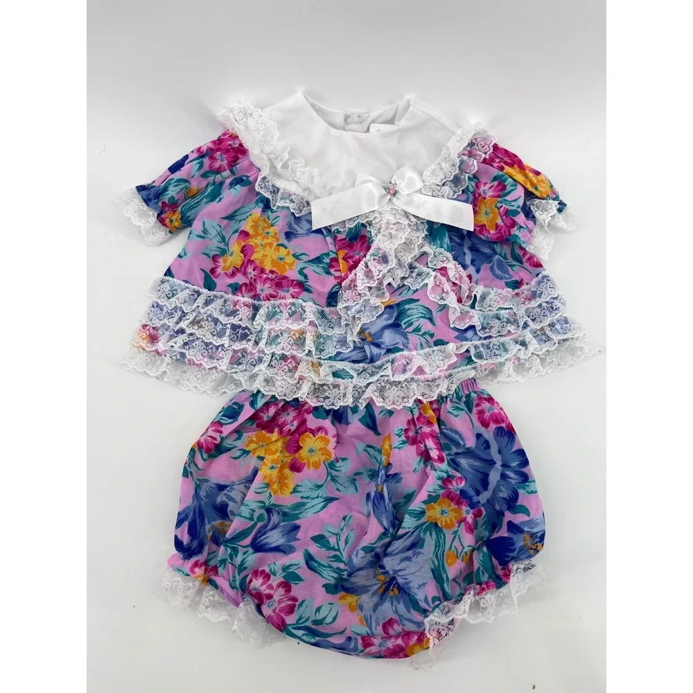 Vintage 90's Floral Lace Ruffle Baby Dress and Bloomers Set 3-6 Months Pink Blue